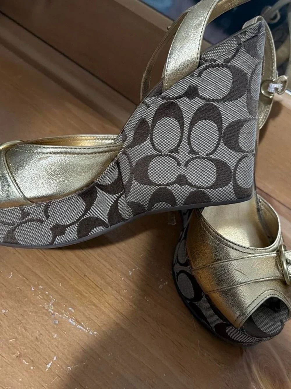 Coach Gold Metallic Leather & Signature Canvas Wedge Sandals